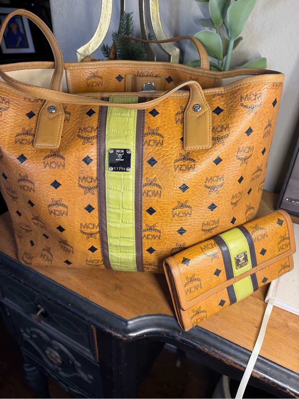 MCM Cognac Visetos Tote with Lime Accent w/matching wallet